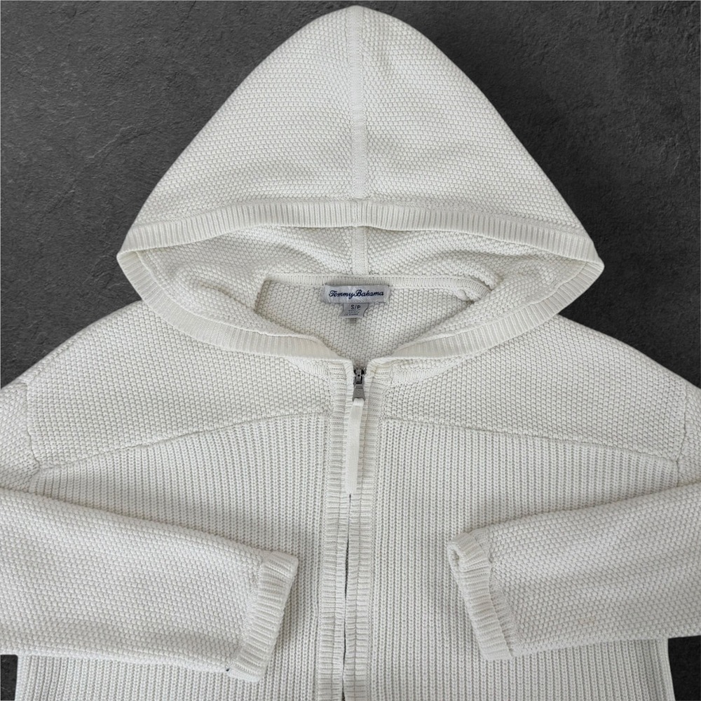 Tommy Bahama Hoodie Cream Pima Cotton Bamboo Full Zip Ribbed Sweater Womens S